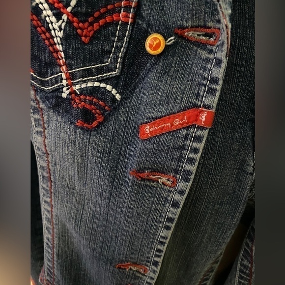 JOHNNY Girl" Western Denim Jacket and Pants Set Red stitch graphic logo - Picture 4 of 16
